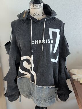 Cherish Graphic Cutout Hoodie with Denim Hem - Black